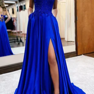 Custom a line princess v neck floor length long prom dresses with split side