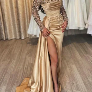 Custom sheath column off the shoulder floor length long dresses with split side sequins