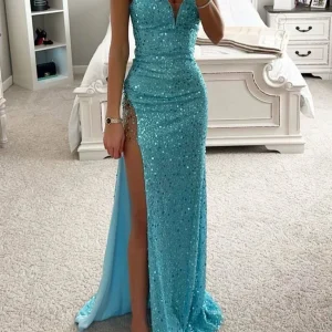 Custom sheath column spaghetti straps floor length long prom dresses with split side sequins