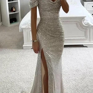 Custom sheath column off the shoulder floor length long prom dresses with split side