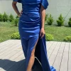 Custom sheath column off the shoulder floor length long dresses with split side beading