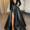 Custom a line princess v neck long dresses with split side sequins