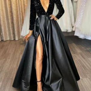 Custom a line princess v neck long dresses with split side sequins