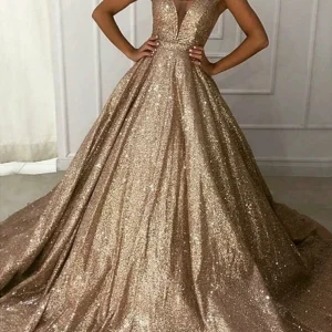 Custom a line princess v neck sleeveless long dresses with sequins