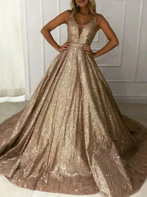 Custom a line princess v neck sleeveless long dresses with sequins