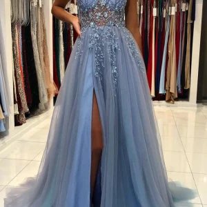 Custom a line princess v neck spaghetti straps long prom dresses with split side