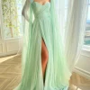 Custom a line princess v neck long prom dresses with split side