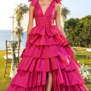 Custom a line princess v neck long prom evening party dresses with split side ruffles