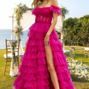 Custom a line princess off the shoulder long prom evening party dresses with split side ruffles