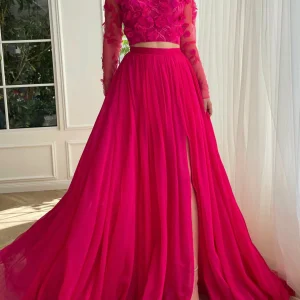 Custom a line princess high neck long prom dresses with split side