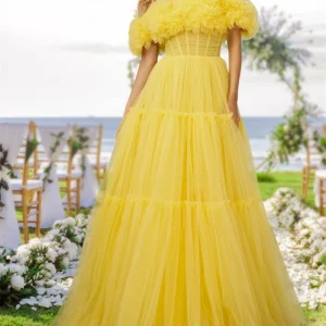 Custom a line princess off the shoulder long tulle prom evening party dresses with ruffles