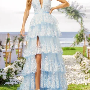 Custom a line princess halter v neck long tiered prom evening party dresses with sequins split side