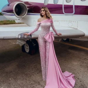 Custom sheath column off the shoulder floor length pantsuits