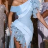 Custom sheath column one shoulder asymmetrical prom dresses