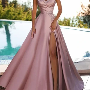Custom a line princess strapless floor length prom dresses with split side