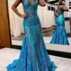 Custom trumpet mermaid v neck sleeveless floor length long prom dresses with sequins