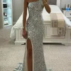 Custom trumpet mermaid one shoulder sleeveless floor length long prom dresses with sequins split side