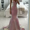 Custom trumpet mermaid spaghetti straps v neck sleeveless floor length long prom dresses