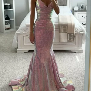 Custom trumpet mermaid spaghetti straps v neck sleeveless floor length long prom dresses