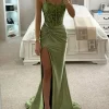 Custom trumpet mermaid spaghetti straps v neck sleeveless floor length long prom dresses with split side