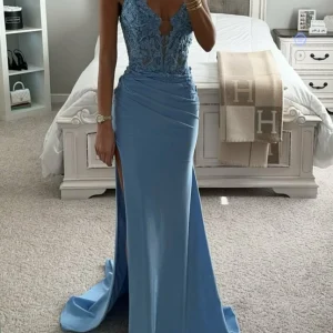 Custom trumpet mermaid lace strapless sleeveless floor length long prom dresses with split side