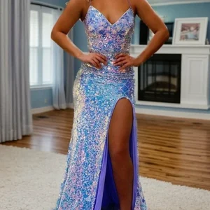 Custom trumpet mermaid spaghetti straps v neck sleeveless floor length long prom dresses with split side