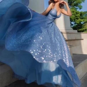 Custom a line princess spaghetti straps v neck sleeveless floor length long prom dresses
