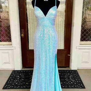 Custom sheath column v neck spaghetti straps sweep floor length long prom dresses with belt split side