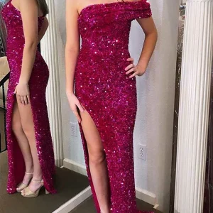 Custom mermaid trumpet off the shoulder sleeveless long prom dresses with sequins split side