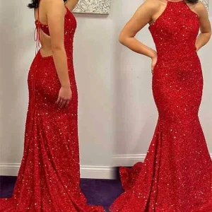 Custom mermaid trumpet halter sleeveless long prom dresses with sequins