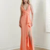 Custom sheath column v neck sleeveless floor length long prom dresses with split side