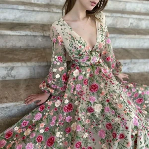 Custom a line princess v neck long sleeves floral party evening dresses with flowers
