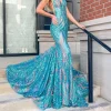 Custom trumpet mermaid v neck sleeveless floor length long prom dresses with sequins ruffles