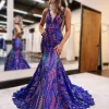 Custom purple trumpet mermaid v neck sleeveless floor length long prom dresses with sequins