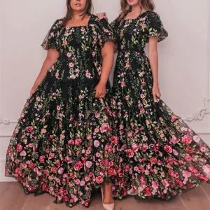 Custom a line princess v neck short sleeves floral formal party dresses with flowers