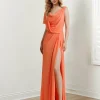 Custom sheath column off the shoulder short sleeves floor length long prom dresses with split side