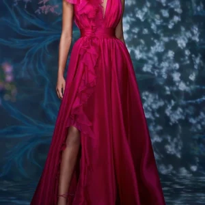 Custom a line princess v neck sleeveless floor length long formal evening floar dresses with split side