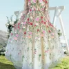 Custom a line princess v neck long sleeves long formal prom floral dresses with flowers