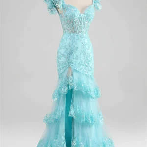 Custom mermaid trumpet sweetheart off the shoulder floor length evening dress with split side