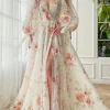 Custom a line princess sweetheart long sleeves floor length prom dresses with embroidery