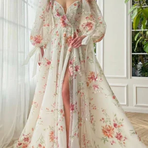 Custom a line princess sweetheart long sleeves floor length prom dresses with embroidery