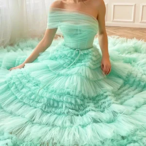 Custom a line princess one shoulder sleeveless floor length prom dresses with pleats
