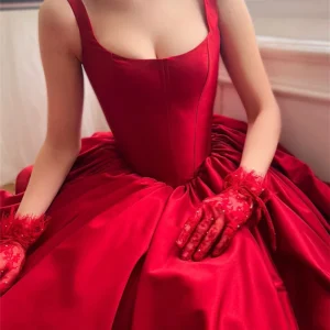 Custom a line princess square neck spaghetti sleeves floor length prom dresses