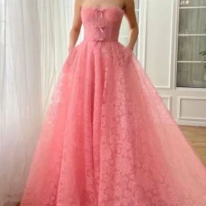 Custom a line princess sweetheart strapless floor length prom dress with bows