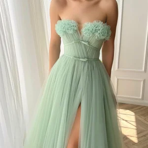 Custom a line princess sweetheart strapless floor length prom dress with slit
