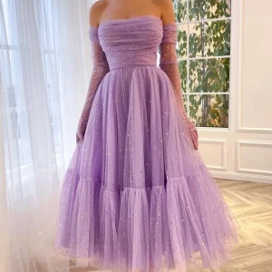 Custom a line princess sweetheart strapless fitted off the shoulder gloves ankle length prom dress