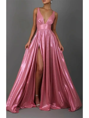 Custom a line princess sleeveless v neck prom dresses with pleats
