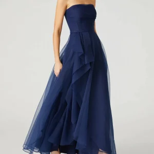Custom a line princess strapless sleeveless ankle length evening dress with ruffles