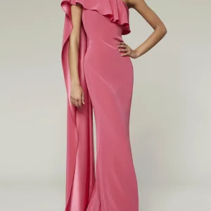 Custom sheath columnoff the shoulder sleeveless floor length evening dress with watteau train