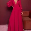 Custom a line princess v neck long sleeves floor length evening dress with ruffles